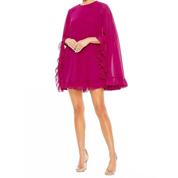 NEW MAC DUGGAL ruffle hem cape dress in red
